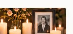 Framed photograph with candles and flowers