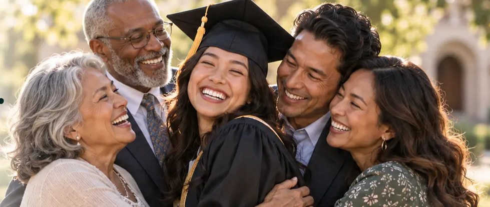 A joyful multi-generational family celebrating together, representing the life Chapters Celebrating Chapters helps you plan and preserve: weddings, graduations, new babies, birthdays, anniversaries and remembrance