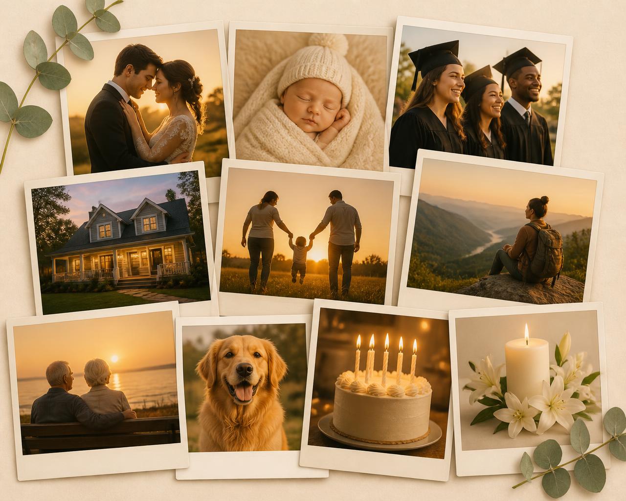 A collage representing weddings, new family, graduations, home, birthdays, adventures and remembrance